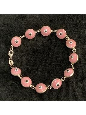 Sterling Silver Murano Glass Evil Eye Charm Link Bracelet